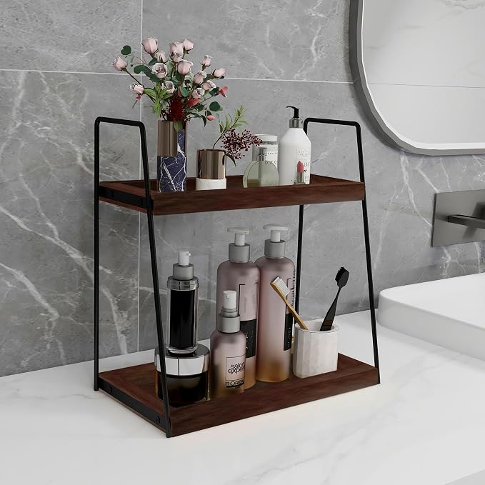 Dorhors 2 Tier Bathroom Counter Organizer Storage,Vanity Organizer for Bathroom Counter,Wood Standing Rack for Kitchen(Walnut)