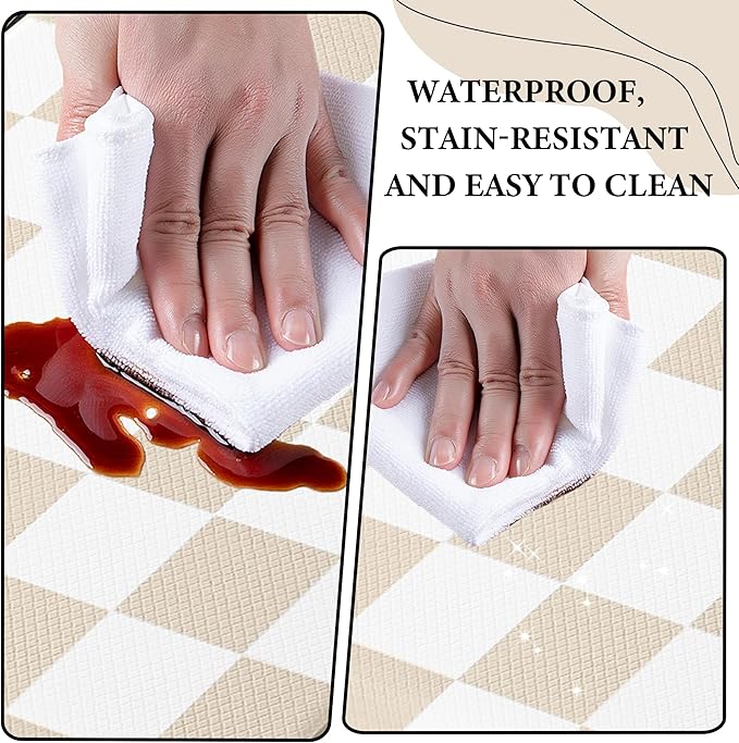 Scalloped Cream Checkered Grid Checkerboard Kitchen Rug Sets [2 PCs], Anti-Fatigue, Waterproof Non-Slip Kitchen Mats Heavy Duty Ergonomic Comfort Foam Rug for Floor, Home, Laundry,17"x29"+17"x47"