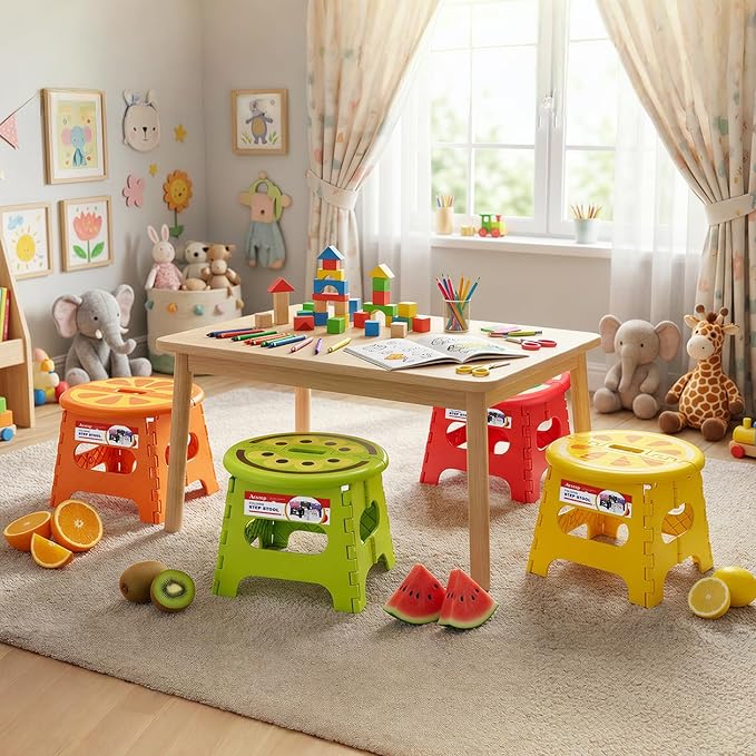 ACSTEP Folding Step Stool 9 Inch, Sturdy Collapsible Step Stool Foldable Up to 265 lbs for Kids Toddlers & Adults, Non Slip Foot Stools with Handle for Kitchen, Bathroom, Bedroom, Outdoor, Orange