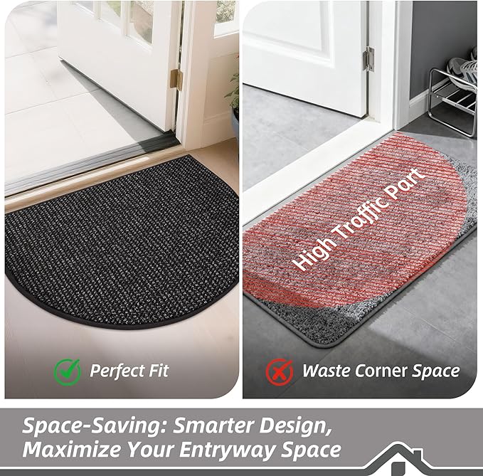 BEQHAUSE Dirt Trapper Door Mat 26" x 40" Half Circle Non-Slip Washable Doormats Entrance Rugs Absorbent Welcome Low Profile Floor Mats for Front Back Door and Entryway, Black