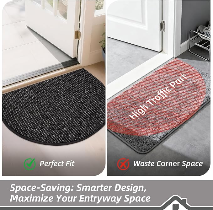 BEQHAUSE Dirt Trapper Door Mat 17" x 30" Half Circle Non Slip Washable Doormats Entrance Rugs Absorbent Welcome Low Profile Floor Mats for Front Back Door and Entryway, Black