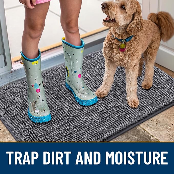 Smiry Dog Door Mat for Muddy Paws 59x32, Absorbent Dirt Trapper, Non-Slip Washable Chenille Entryway Rug for Inside Floor, Dark Grey, Classic Solid