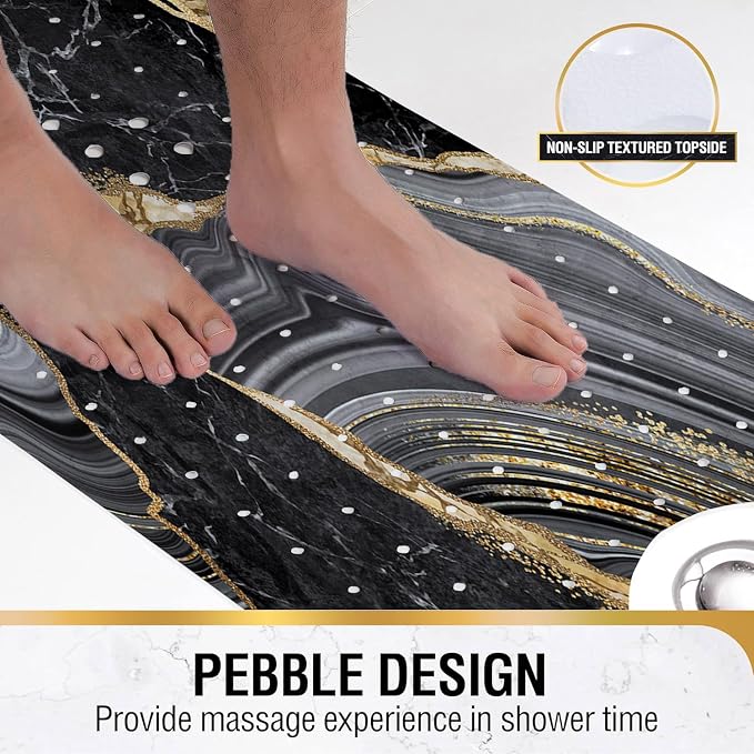 Bathtub Mat Non Slip, 40x16 inch Bath and Shower Safety Mats, Black Marble and Golden Veins Tub Mat for Bathroom, Tub Shower Mat with Drain Holes and Suction Cups