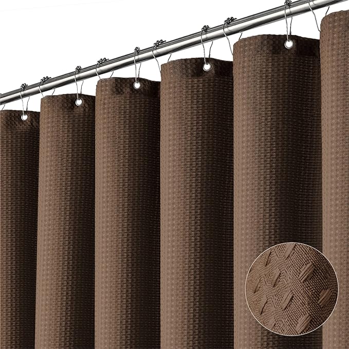 Dynamene Stall Fabric Shower Curtain - 54 inch Wide Waffle Weave Weighted Thick Cloth Shower Curtains for Bathroom, Heavy Duty Hotel Spa Luxury Bath Curtain Set with 10 Hooks, 54x72, Brown