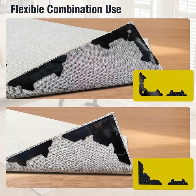 8 Pcs Large Non Slip Rug Pads Carpet Tape for Hardwood & Tile,No Residue | Reusable Extra Thick Double Sided Adhesive,Secures Area Rug Corners,Fits Laminate Carpet Floors,Rug Stickers,No Damage