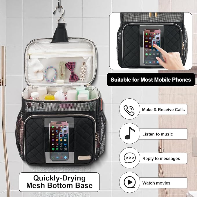 Portable Shower Caddy College Dorm Essentials (Full Size Bottle Compatible), Toiletry Bag for Women Men, Hanging Makeup Bag with Quickly Dry Mesh Base for Travel,Gym & Camping, Black