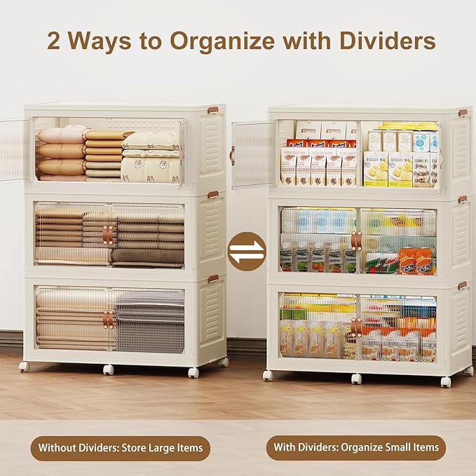 SAILUN 145Gal/579Qt Stackable Storage Bins Folding Collapsible Storage Bins with Lid, Closet Organizers and Storage Box with Door Cream 33.5" W x 19" D x 53" H