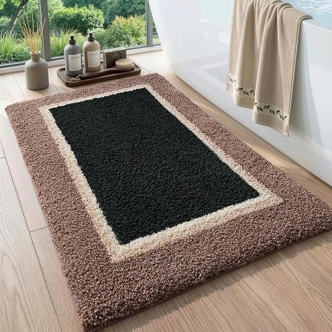DEXI Bathroom Rugs 36x24, Absorbent Extra Soft Plush Microfiber Bath Mat for Bathroom, Non Slip Washable Bathmat Quick Dry for Shower Floor, Sink, Tub, Laundry Room, Brown and Green