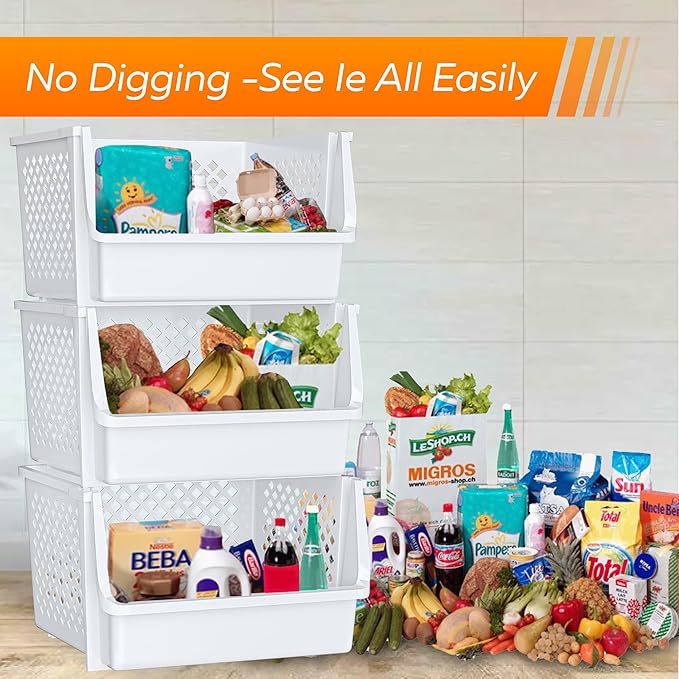 TidyFriend 6 Pack XLarge Stackable Storage Bins Open Front for Pantry Organizers and Storage, Pantry Storage for Food, Kitchen and Home Organization, Plastic Storage Bins, Dorm Room Essentials (White)