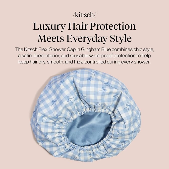 Kitsch Luxury Satin-Lined Flexi Shower Caps for Women Reusable Waterproof - Large Wide Shower Cap for Women & Men, Adjustable, Stylish Hair Cap for Showers, For Long & Short Hair - Gingham Blue