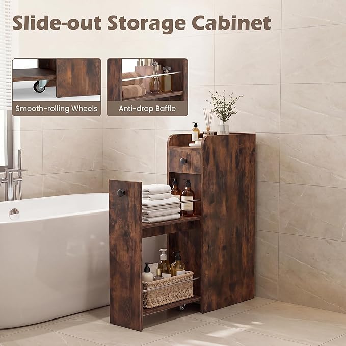 COSTWAY Slim Bathroom Cabinet, 7" Wide Space-Saving Storage with 2-Tier Slide-Out Drawer, Shelf & Toilet Paper Holder, Freestanding Narrow Organizer for Bathroom, Laundry & Small Spaces (Rustic Brown)