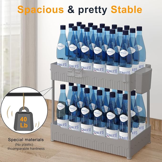 Sevenblue 2 Pack Under Sink Organizer, Under Bathroom Cabinet Organizer with Hooks Hanging Cup, Multi-Purpose Storage Shelf for Kitchen Bathroom (Gray, 12.8 Inch)