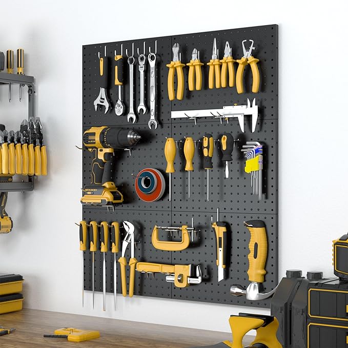 Spampur Peg Board, 6 Pack Metal Pegboard Panels Black Pegboards Wall Organizer with 50 Hooks, Heavy Duty Peg Board for Walls Home, Garage Tool Storage, Office Organization, Craft Room, Kitchen