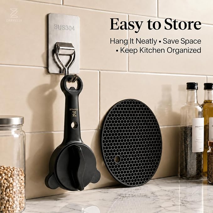 Jar Opener for Seniors with Arthritis, Easy Grip Adjustable Lid & Bottle Opener Set with Non-Slip Silicone Pad & Stainless Steel Hook, Black