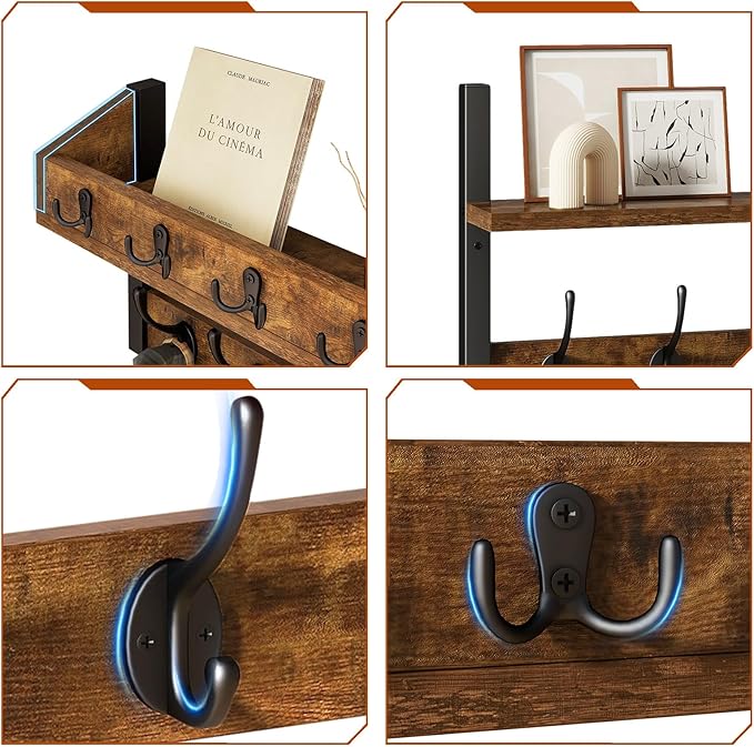 YMYNY 31.5" Coat Rack Wall Mount with Shelf, 4 in 1 Key and Coat Hanger with 12 Metal Hooks, Wall Shelf with Hooks & Mail Holder for Living Room, Bedroom, Rustic Brown, HWS007H-2