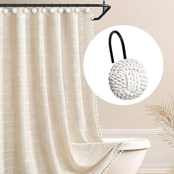 Sunlit Boho Knots Shower Curtain Hooks, Home Decorative White Shower Curtain Rings with Black Hooks for Bathroom, Seaside Nautical Shower Curtain Hangers Bathroom Accessories, Set of 12
