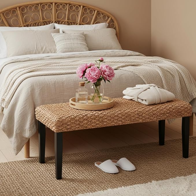 Solid Wood Acacia Indoor Bench with Natural Woven Seat, Boho Bench Entryway, Wood Bench for Living Room, Wooden Bench for Bedroom, Farmhouse Entryway Bench, Dining Benches (Black, Water Hyacinth)