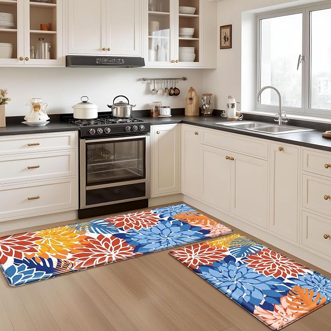 Arenarug Kitchen Mats for Floor 2PCS Cushioned Anti Fatigue Kitchen Mats Waterproof Non Slip Kitchen Mat Rug Set Comfort Foam Standing Mat for Sink, Laundry, Office,17.3" x 28" + 17.3" x 59", Red Blue