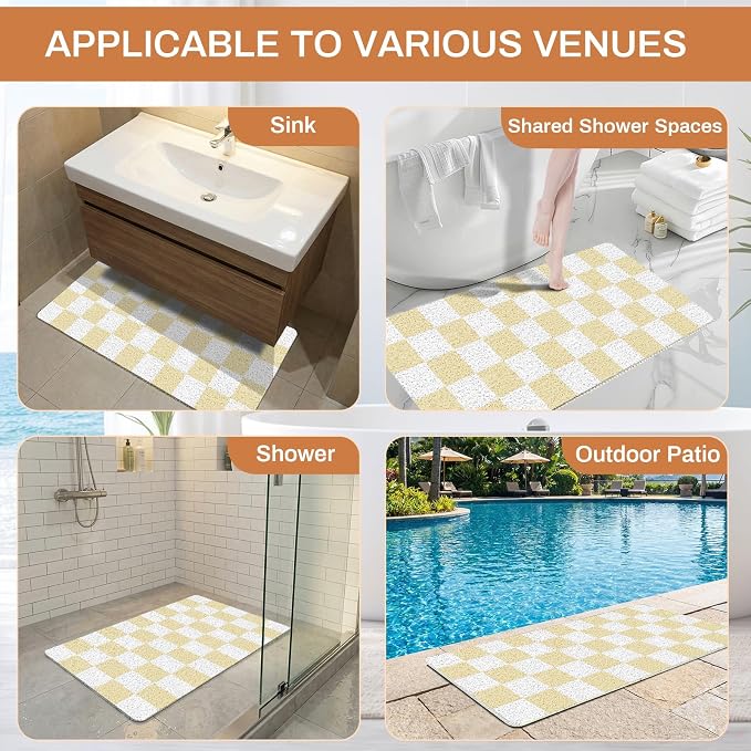 Square Loofah Shower Stall Mat 24"x24", Quick Drying Shower Mats with Drain, PVC Loofah Bath Mat for Wet Room & Bathroom Floor, Soft Textured & Elderly Safe, Washable & Resistant, Beige Checkered