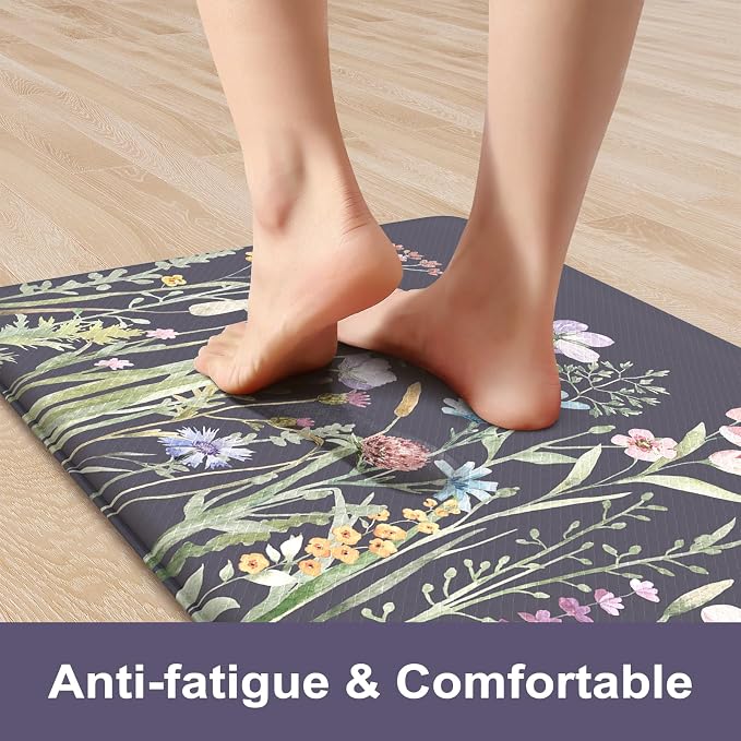 KIMODE Anti Fatigue Kitchen Mat for Floor, 17"x59"+17"x29" Floral Kitchen Rugs Sets of 2, Kitchen Floor Mats Non-Slip, Cushioned Standing Desk mat for Sink, Laundry, Office Dark Grey/Purple