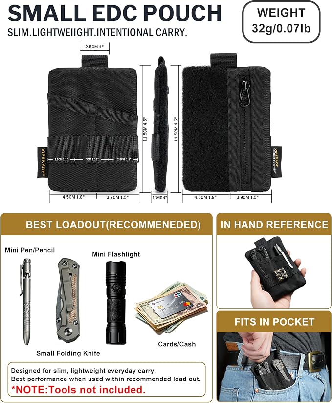 VIPERADE VE15 Small EDC Pouch, Pocket Organizer, EDC Pocket Pouch with DIY Patches Area, EDC Pocket Organizer Wallet for Cards, Small Tool Pouch for EDC Gears