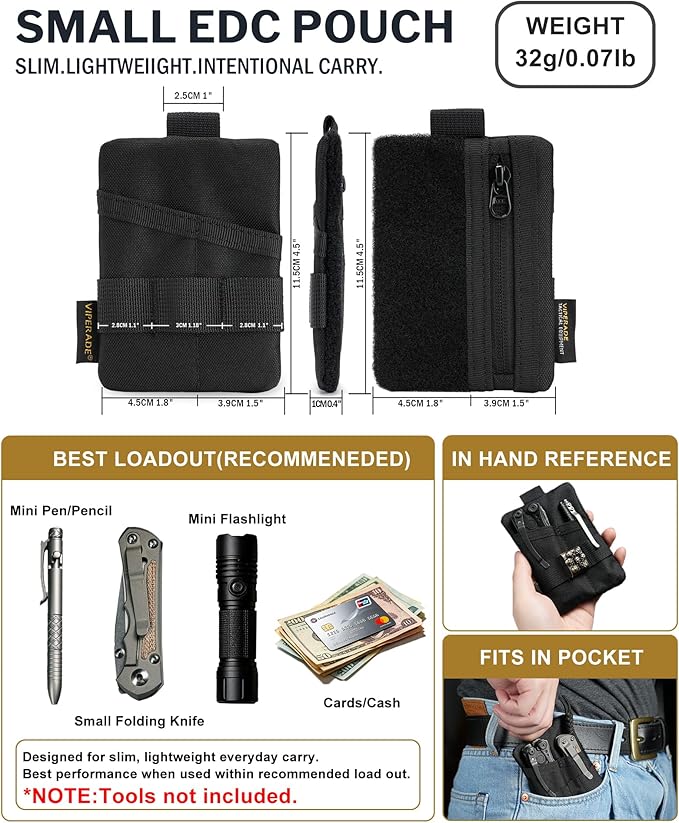 VIPERADE VE15 Small EDC Pouch, Pocket Organizer, EDC Pocket Pouch with DIY Patches Area, EDC Pocket Organizer Wallet for Cards, Small Tool Pouch for EDC Gears