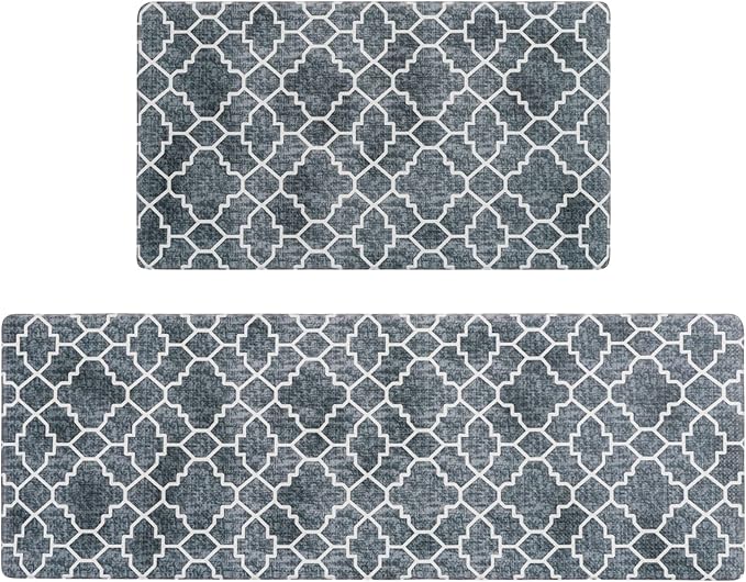 FRESHMINT Kitchen Mat Set of 2, Anti-Fatigue Cushioned Kitchen Mats for Floor, Waterproof Non Slip Comfort Standing Mat, Boho Kitchen Rug for Kitchen Decor, Sink, Office, 17"x30"+17"x47", Navy Blue