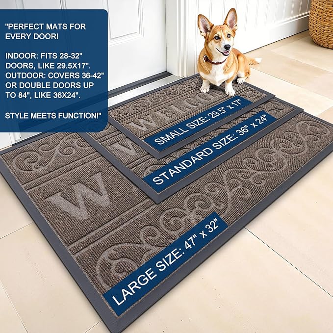 OLANLY Welcome Door Mat Indoor Outdoor Entrance, Heavy Duty Sturdy Front Door Mat, Waterproof All-Weather Doormat, Stain Resistant, Low Profile, Easy Clean Patio Entryway Mat, 36 x 24, Medium Brown