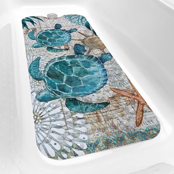 Blue Bathtub Mat Non Slip, 40x16 inch Bath and Shower Safety Mats, Vintage Sea Turtle Tub Mat for Bathroom, Tub Shower Mat with Drain Holes and Suction Cups