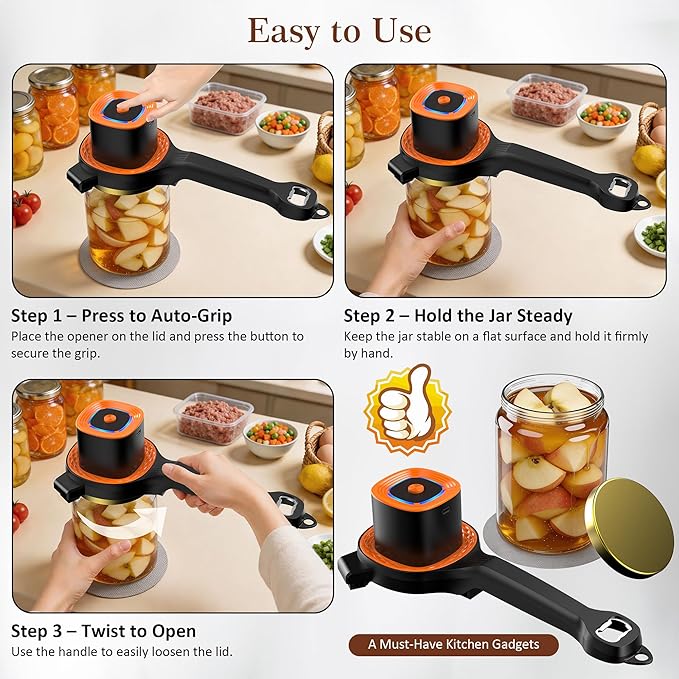 Electric Jar Opener for Seniors with Auto-Adjusting Gripper, Rechargeable Jar & Bottle Openers for Weak Hands & Arthritis, Easy Twist Off Lid Opener with Rubber Gripper Pad, Fits 1"-3.5" Lids(Orange)