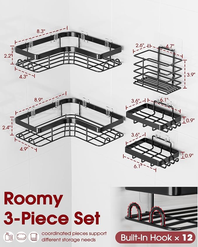 Sakugi Corner Shower Caddy - 5-Pack Shower Organizer with Soap Holder & Toothbrush Holder, Rustproof Metal Shower Shelves, Laundry, Kitchen, Bathroom Organizers and Storage Solution, Large, Black