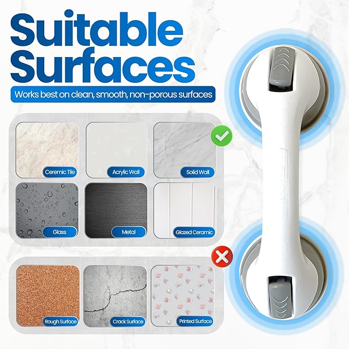 Safe-er-Grip Safe-er-Grip Changing Lifestyles Suction Cup Grab Bars for Bathtubs & Showers; Safety Bathroom Assist Handle, White & Grey, 12 inches