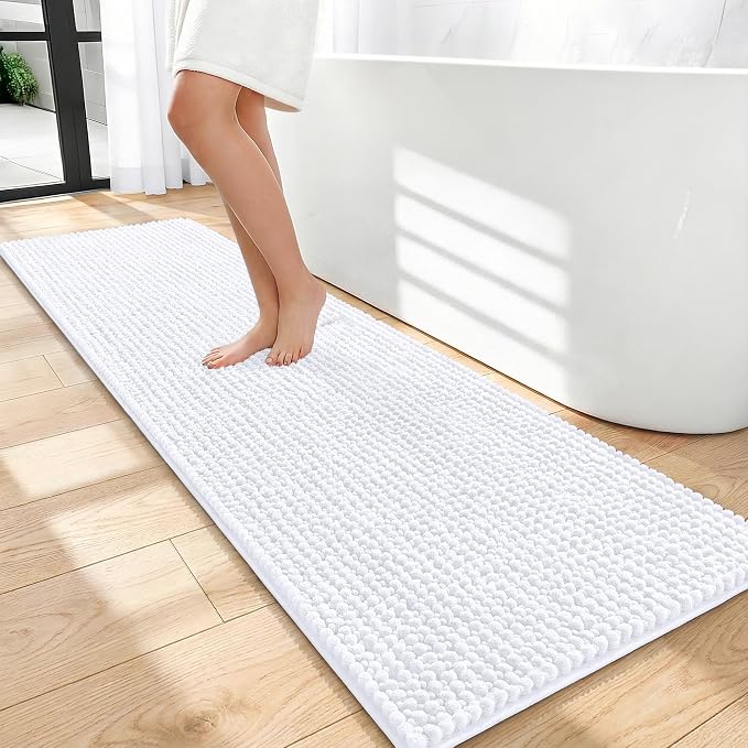 OLANLY Thick Bathroom Runner Rugs 59x20, Extra Soft Absorbent Chenille Bath Rugs, Rubber Backing, Machine Wash Dry, Long Bath Mats for Bathroom Floor, Tub and Shower, Home Decor Accessories, White