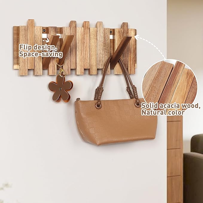 Wall Coat Rack for Entryway: Rustic Wooden Folding 8 Hooks Mount 16.5inch Decorative Piano Hanger for Farmhouse Hallway Bathroom for Towel Backpack Jacket (Staggered Style)