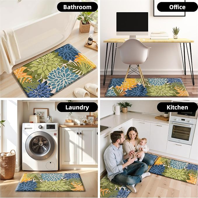 Arenarug Kitchen Mats for Floor 2 Piece Cushioned Anti Fatigue Kitchen Mats Waterproof Non Slip Kitchen Mat Rug Set Comfort Foam Standing Mat for Sink, Laundry, Office, Yellow Green
