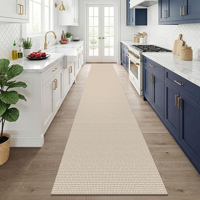 KOZYFLY Cotton 2.5'x14' Runners Rugs for Hallway, Long Washable Runner Rug, Woven Non Slip Kitchen Runner, Flatweave Entryway Rug, Floor Carpet for Entry, Aisle, Hall, Ivory/Camel/Brown