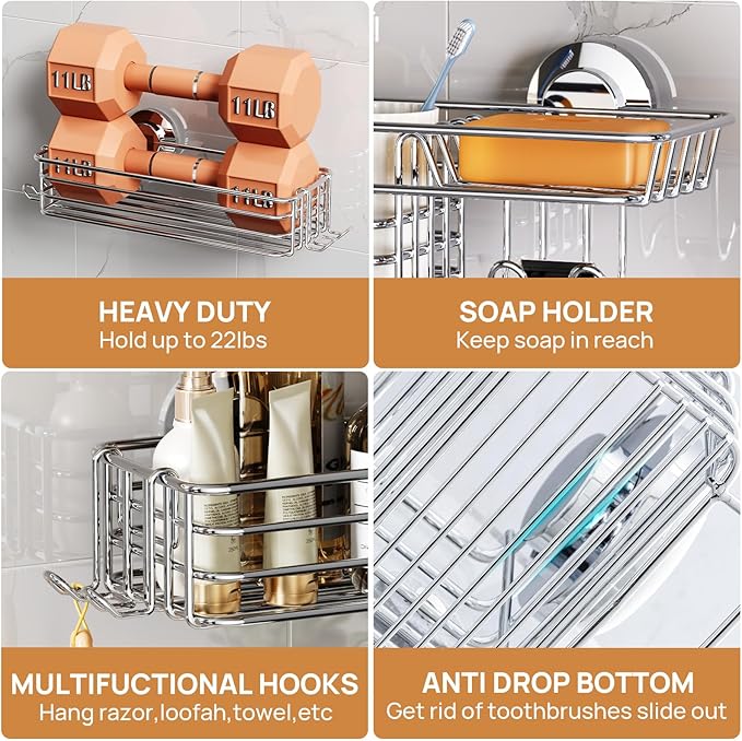 LEVERLOC Shower Caddy Suction Cup, 3 Pack Heavy Duty Bathroom Organizer For Inside Shower With Hooks & Soap Holder, Removable Bathroom Organizer, Rustproof Silver Holder Storage,Silver