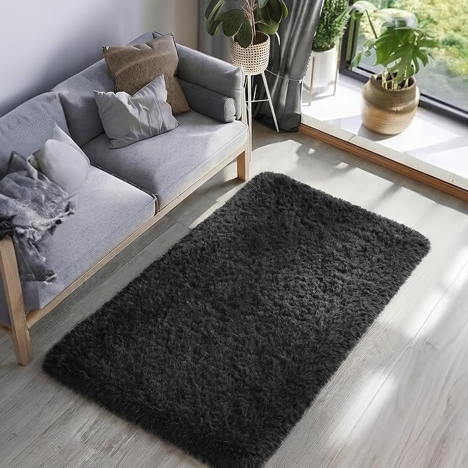 Ophanie Runner Rug for Hallway, 3x6 Washable Non-Slip Fluffy Soft Bedside Rugs, Bedroom Living Room Shaggy Carpet for Kids Girls Boys Dorm Nursery Home Decor Aesthetic, Black