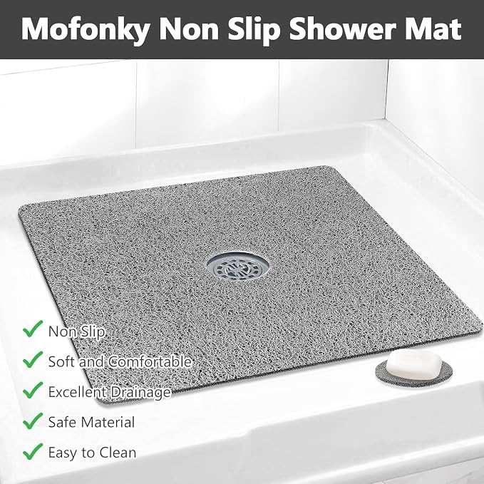 Shower Mat Non Slip: 21 x 21 Inch Square Shower Mats with Drain Hole in Middle - Soft Loofah Quick Drying Matt for Shower Stall