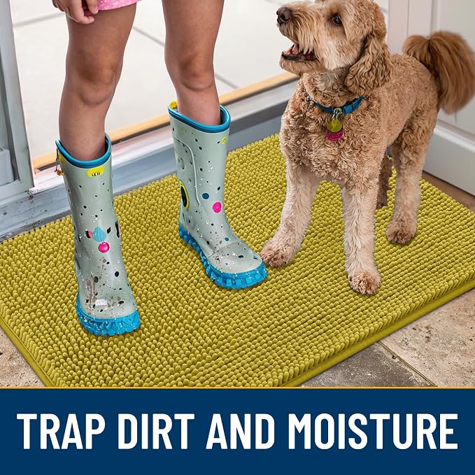 Smiry Dog Door Mat for Muddy Paws 30x20, Absorbent Dirt Trapper, Non-Slip Washable Chenille Entryway Rug for Inside Floor, Mustard Yellow, Classic Solid
