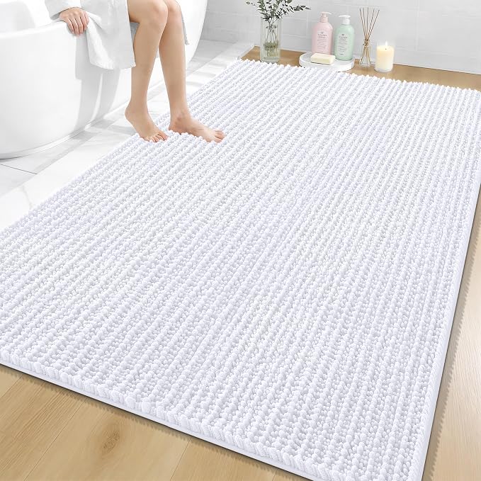 OLANLY Bathroom Rug Mat 70x46, Thick Soft and Absorbent Chenille Bath Mat, Non-Slip Rubber Backing, Machine Washable Quick Dry Bath Rugs for Tub Shower Floor, Home Decor Accessories, White