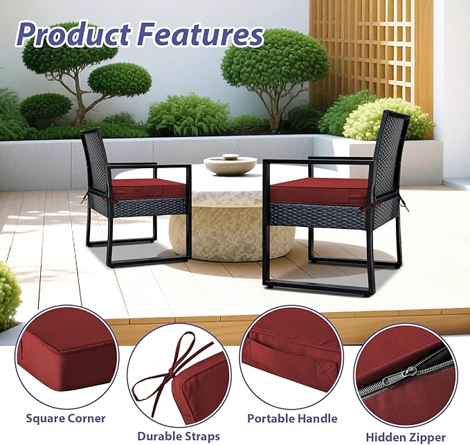 IPYNBAP Outdoor Chair Cushions Set of 4 -Waterproof Outdoor Seat Cushions for Patio Furniture, Patio Chair Cushion with Handle and Ties, Out Door Chair Pads,19x19x3-Square, Burgundy