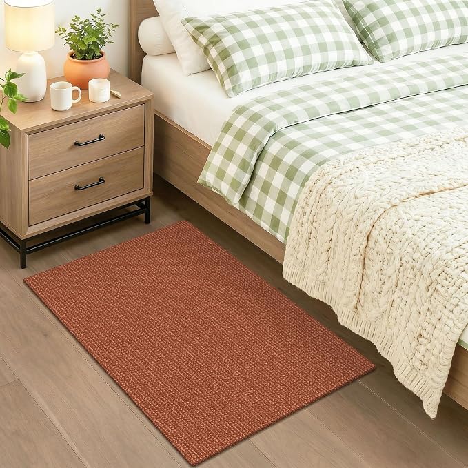 KOZYFLY Indoor Door Mat 2x3 ft Small Area Rugs Washable Front Door Mat Non Slip Rubber Backed Entryway Rug Cotton Entrance Doormat for Front Porch Kitchen Bedroom, Burnt Orange/Tan