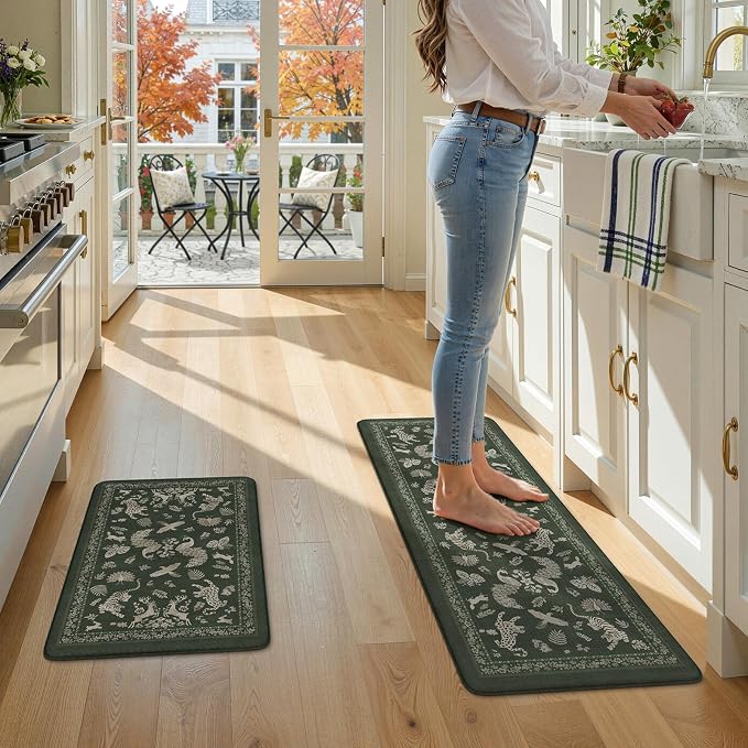 LEEVAN Anti Fatigue Mats for Kitchen Floor Non-Slip, Cushioned Kitchen Mats for Floor 2 Piece, Dark Green Memory Foam Kitchen Mat Set, Waterproof Ergonomic Standing Mat for Bar, Office,Desk, Laundry