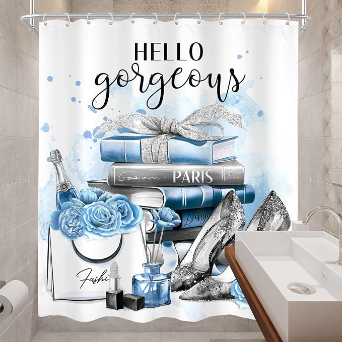 Girly Blue Shower Curtain 60Wx72H Silver Fashion Shower Curtain Women Girls Gray Teal Flower Perfume Bathroom Curtain Set High Heels Magazine Books Floral Bathroom Decor Fabric with 12 Hooks