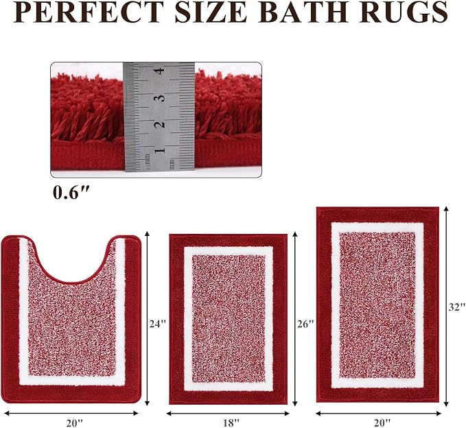 Pauwer Bathroom Rugs Sets 3 Piece Bathroom Shower Rugs with U-Shaped Contour Toilet Mat Absorbent Microfiber Plush Bath Mats Non Slip Bath Rugs Machine Washable Shaggy Bath Floor Mats, Red