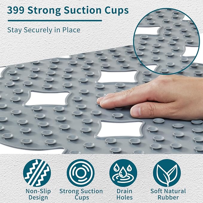 Webos Bathtub Mat Non Slip: Extra Long Rubber Bath Mat for Tub with Strong Suction Cups 15.4" x 37.8" Anti Slip Shower Mat, Big Drain Holes Bathroom Mats for Tub & Shower, Circle-Grey