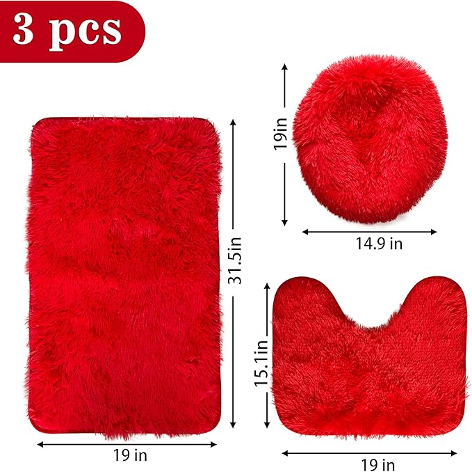Red Bathroom Rugs Sets 3Piece Bath Mat Solid Bath Rug Floor Mats Washable Shower Rug with U-Shaped Contour Rug Toilet Lid Cover