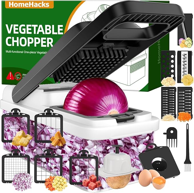 HomeHacks Vegetable Chopper Vegetable Cutter, 15 in 1 Kitchen Gadget, Dicer, Slicer, Onion Cutter, Salad, Cheese Grater & Egg Separator - Multi-Functional Veggie Chopper Lid with Handle (White)