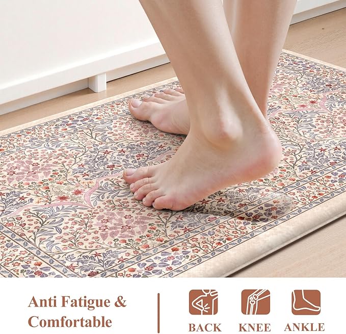 Collive Anti Fatigue Mats for Kitchen Floor, Cushioned Comfort Kitchen Rugs Sets of 2 Waterproof Non Skid Padded Sink Rugs, Pink/Blue Floral Rug Standing Mat for Laundry, Home Office Decor